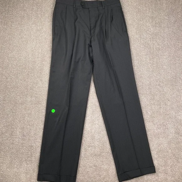 Jos A Bank Signature Gold Suit Mens 38R 32W 32L Black Pinstripe Gordon Wool Flaw - Picture 9 of 16